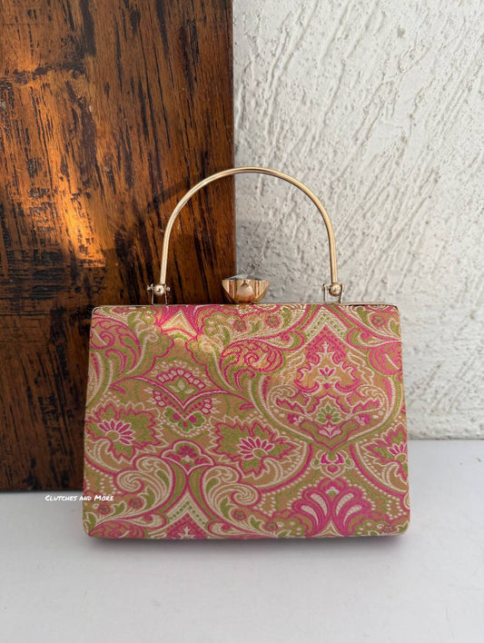 Hoor Banarsi Clutch Pink Gold Paisley