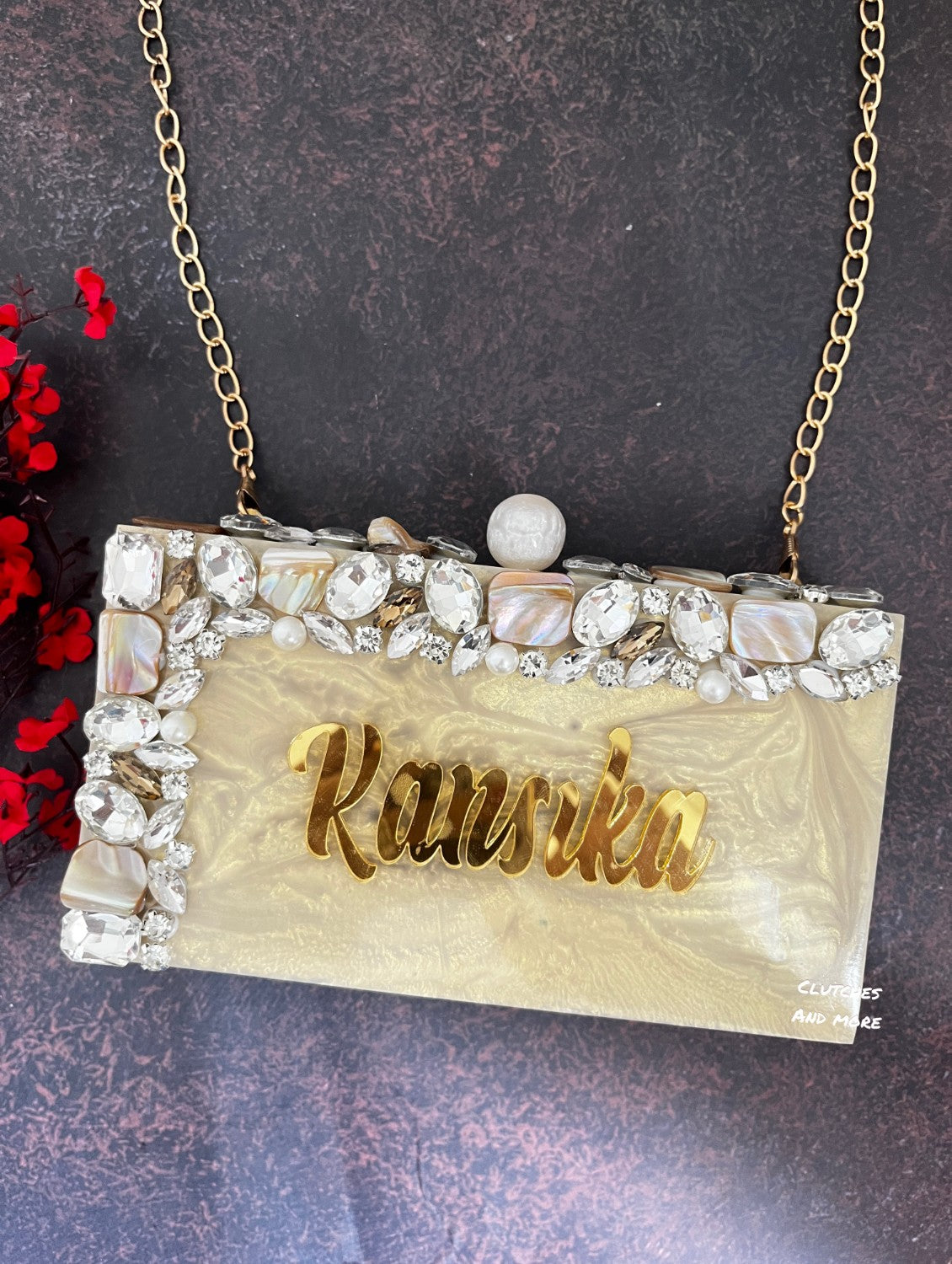 Gold resin clutch with Name