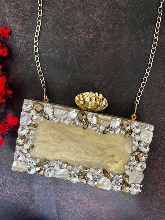 Stones Embedded Gold Resin clutch