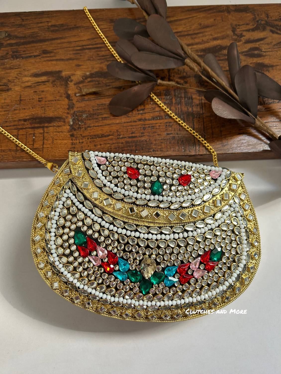 Kasika Kundan Brass Clutch Multicolored