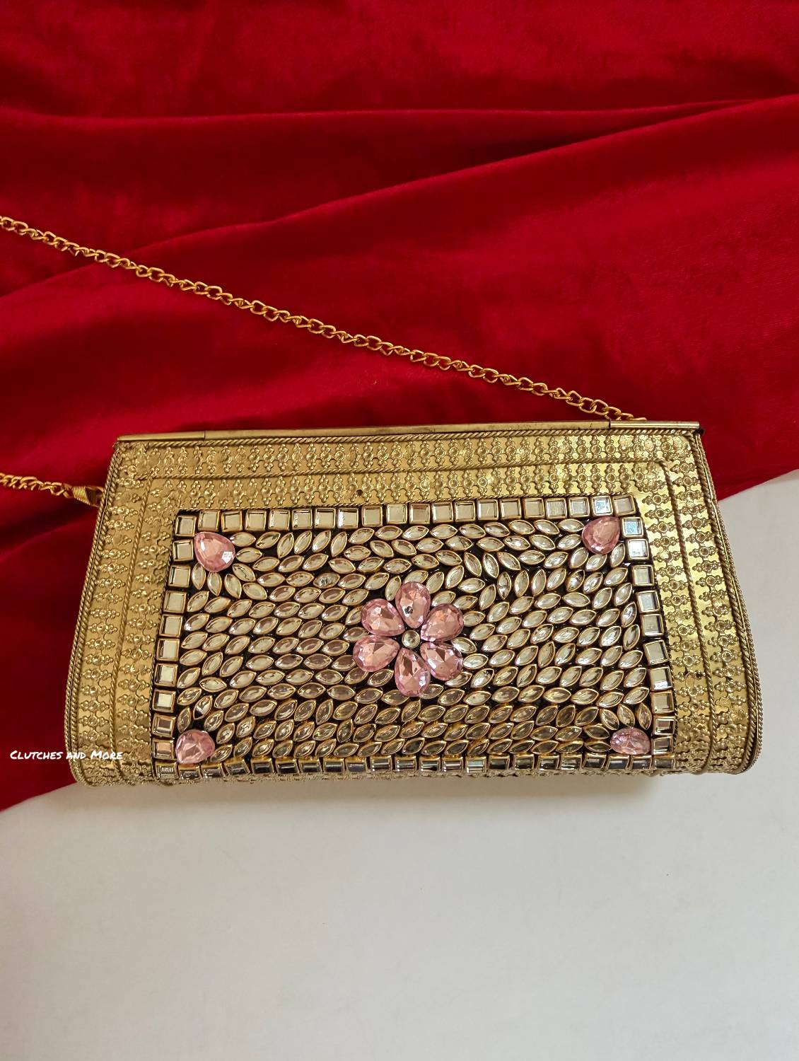 Kasika Kundan Brass Clutch Gold Pink