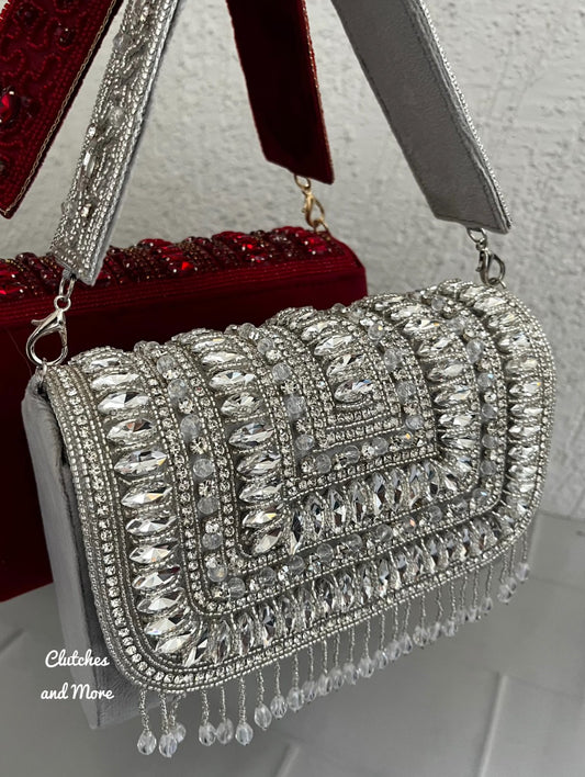 Silver Stone and Crystal Flap Bag