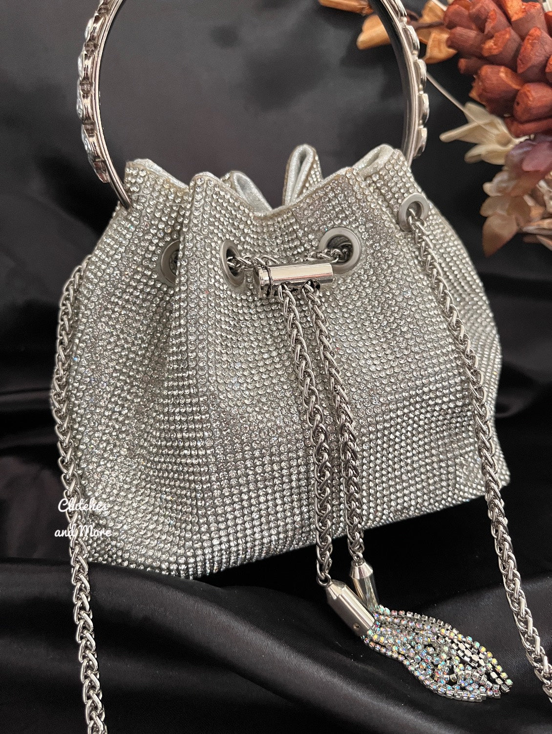 Silver Rhinestone Bucket Bag with Handle