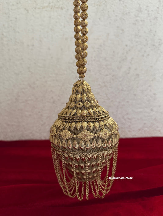 Mini Metal Potli Bag With Tassle ( Antique Gold )