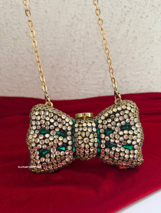 Kiana Kundan Bow Clutch Green Gold