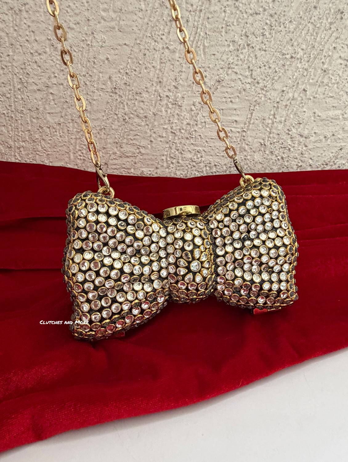 Kiana Kundan Bow Clutch Nude Gold