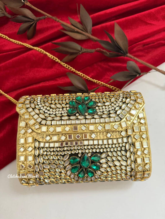 Kashish Kundan Brass Clutch Green Gold