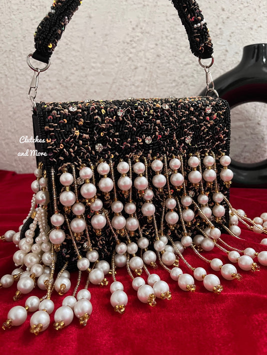 Jodha Pearl Tassle Clutch Black