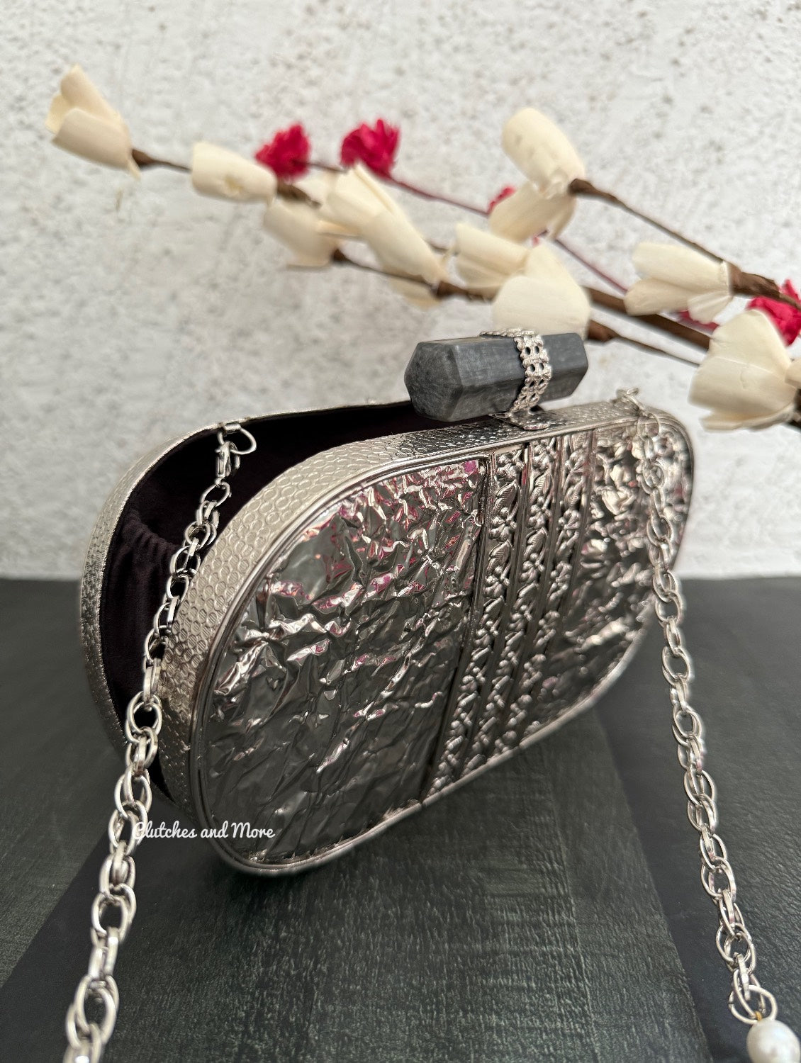 Aarvi Kundan Mother of pearl luxury clutch Silver Gold