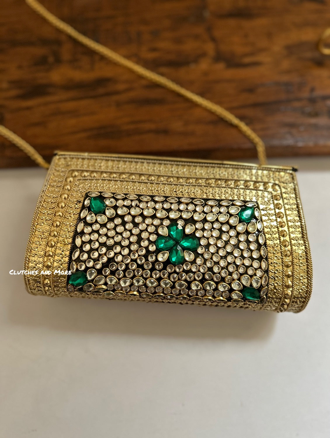 Kasika Kundan Brass Clutch Gold Green