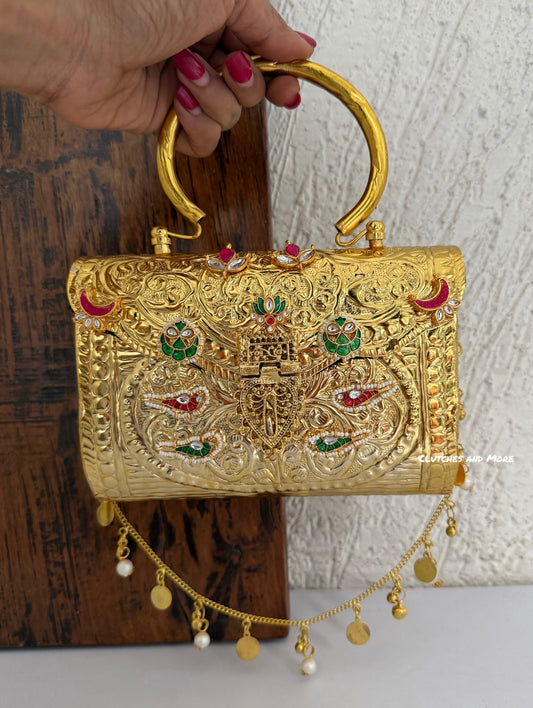 Jharoka Kundan Brass Clutch Gold with Handle