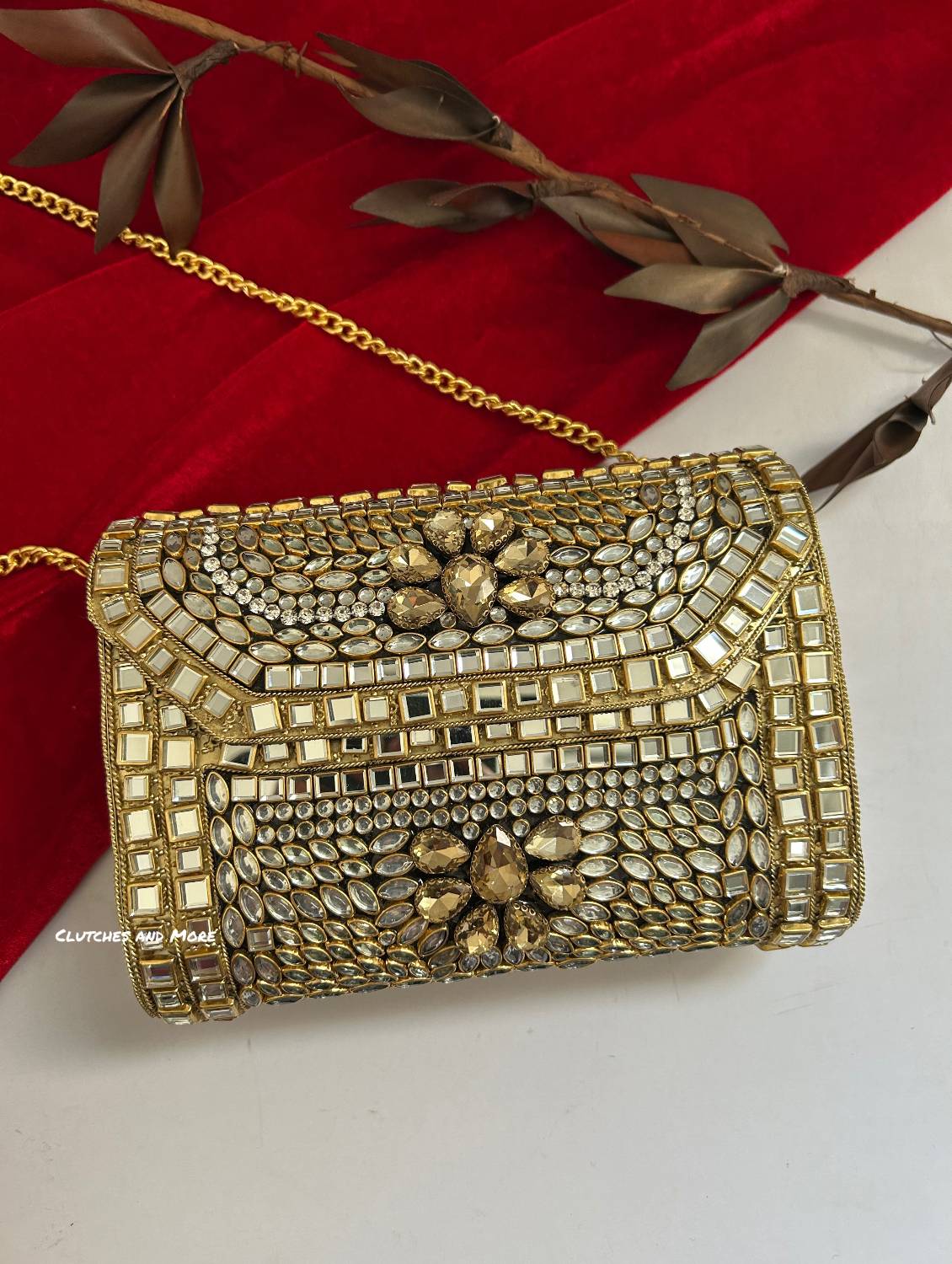 Kashish Kundan Brass Clutch Nude Gold