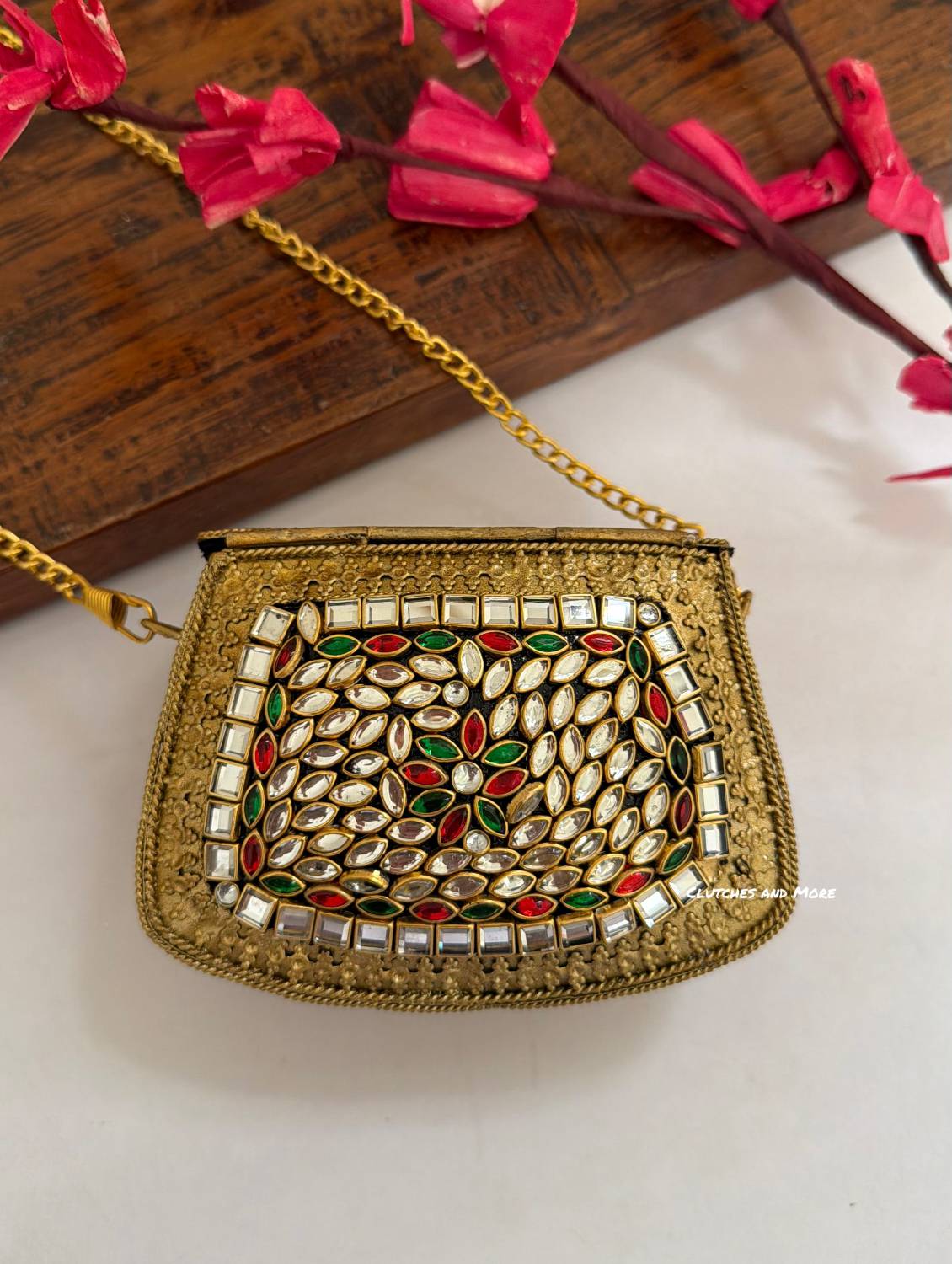 Kasika Kundan Brass Clutch Mini Multicoloured