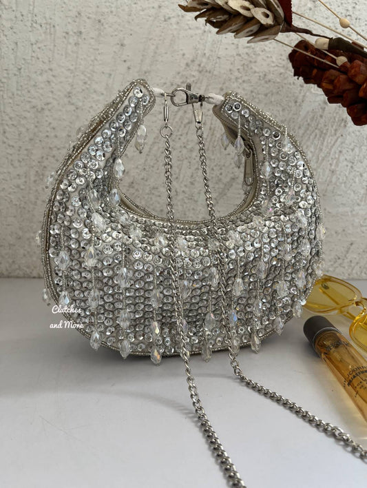 Crystal Chand Silver Clutch