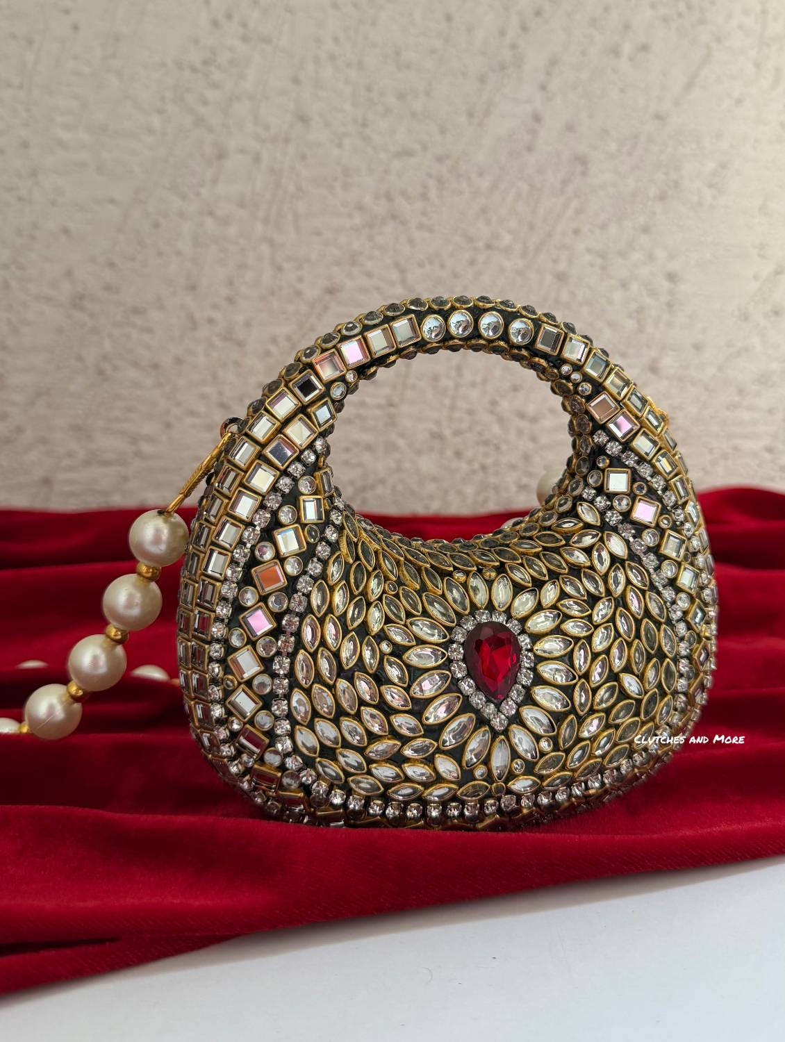 Kiana Kundan Clutch Mini Red Gold