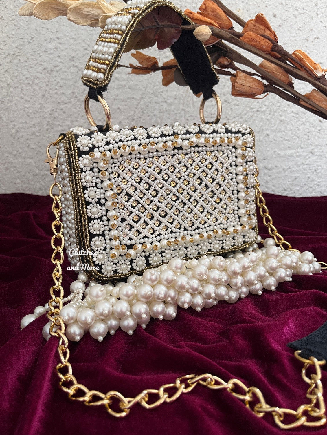 Premium Pearl Tassel Flap Bag Black