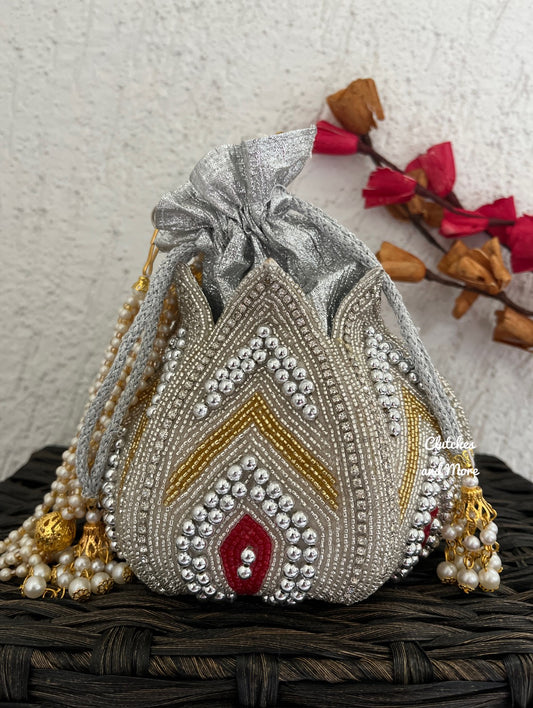 Silver Beaded lotus potli