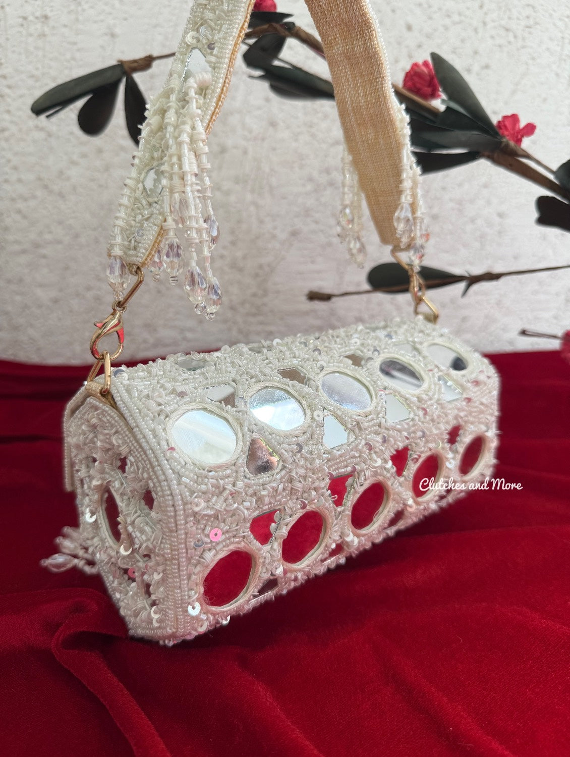Cylindrical Mirror Bag with Tassles White
