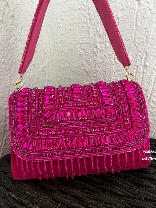 Pink Stone and Crystal Flap Bag