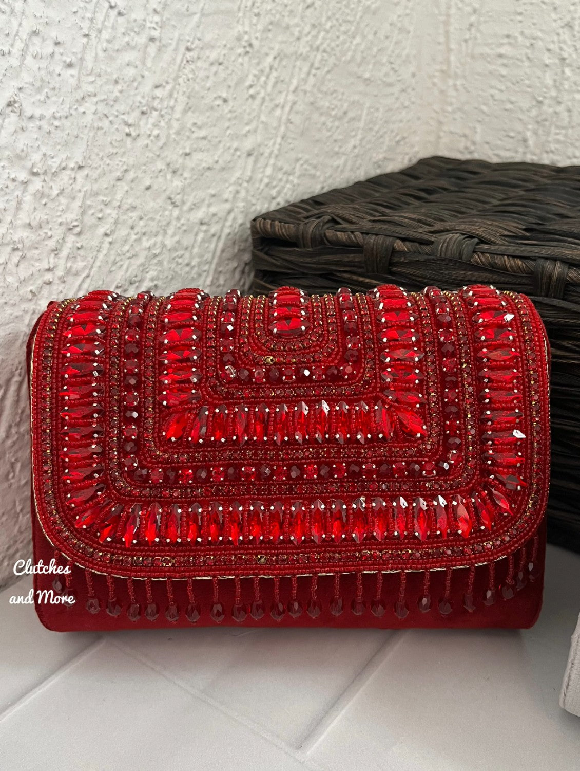 Red Stone and Crystal Flap Bag