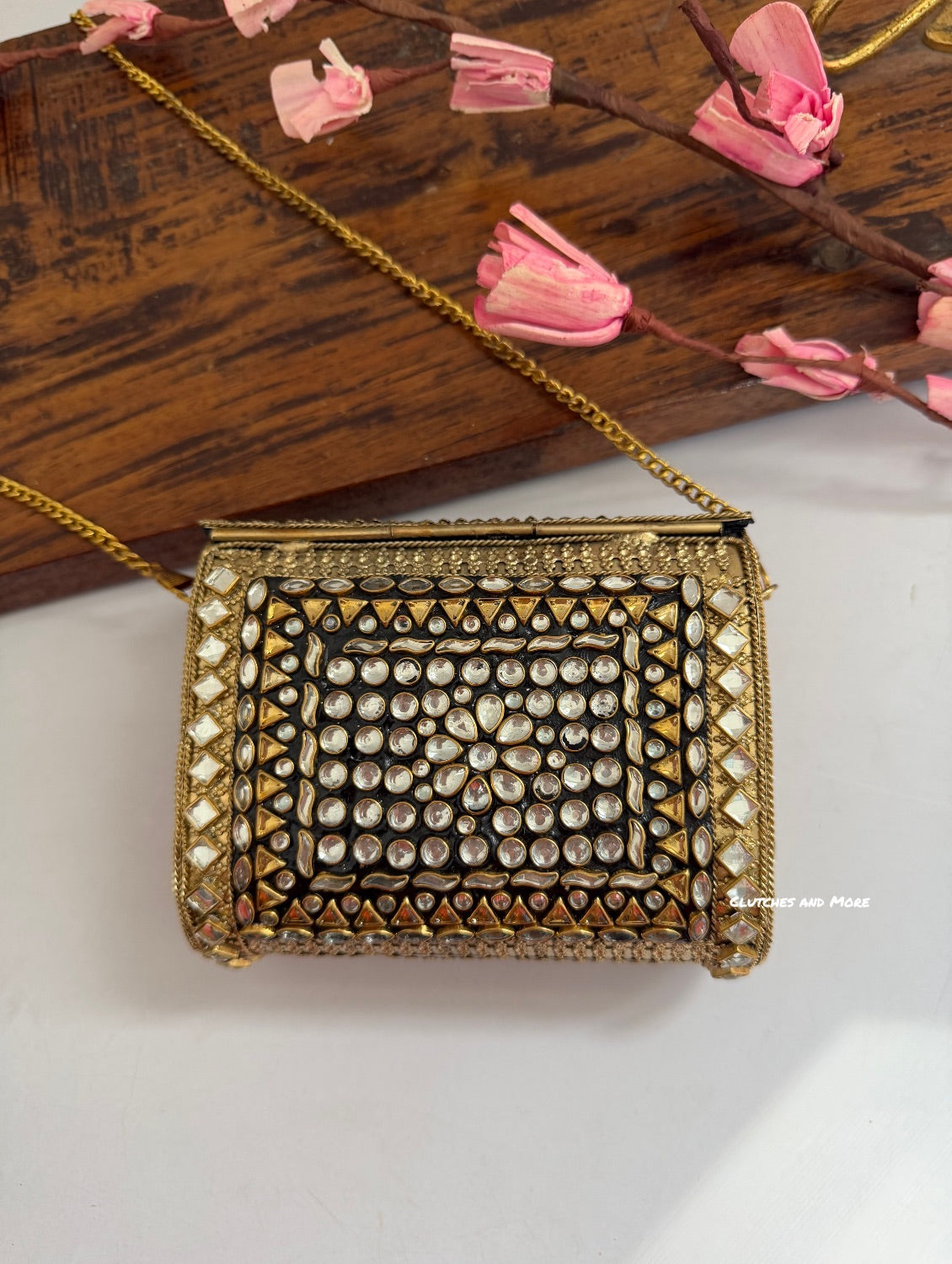 Kasika Kundan Brass Clutch Mini Pink Green