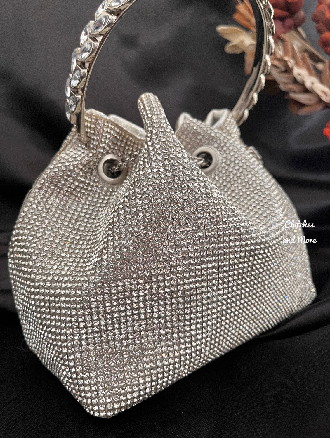 Silver Rhinestone Bucket Bag with Handle