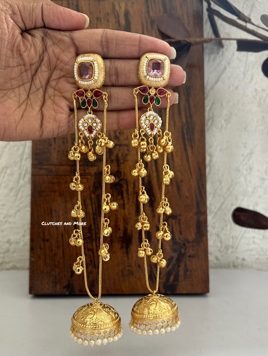 Shahista Long Kashmiri Earrings Pink Green