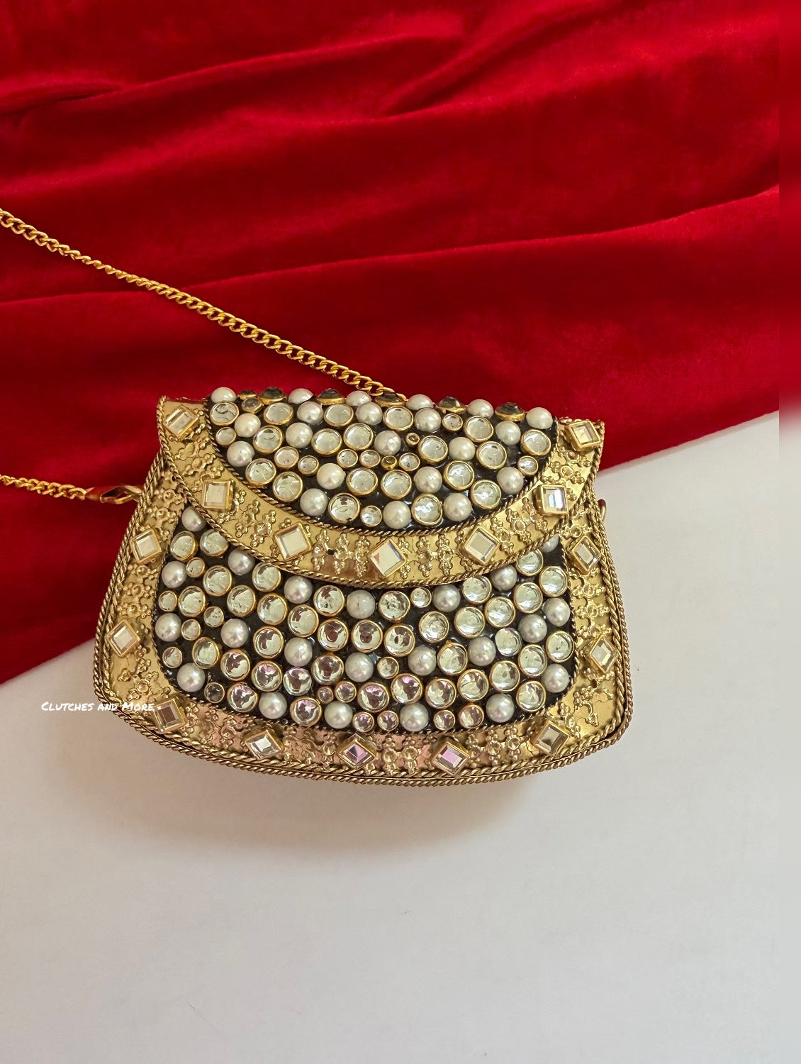 Kasika Kundan Brass Clutch Mini Gold White