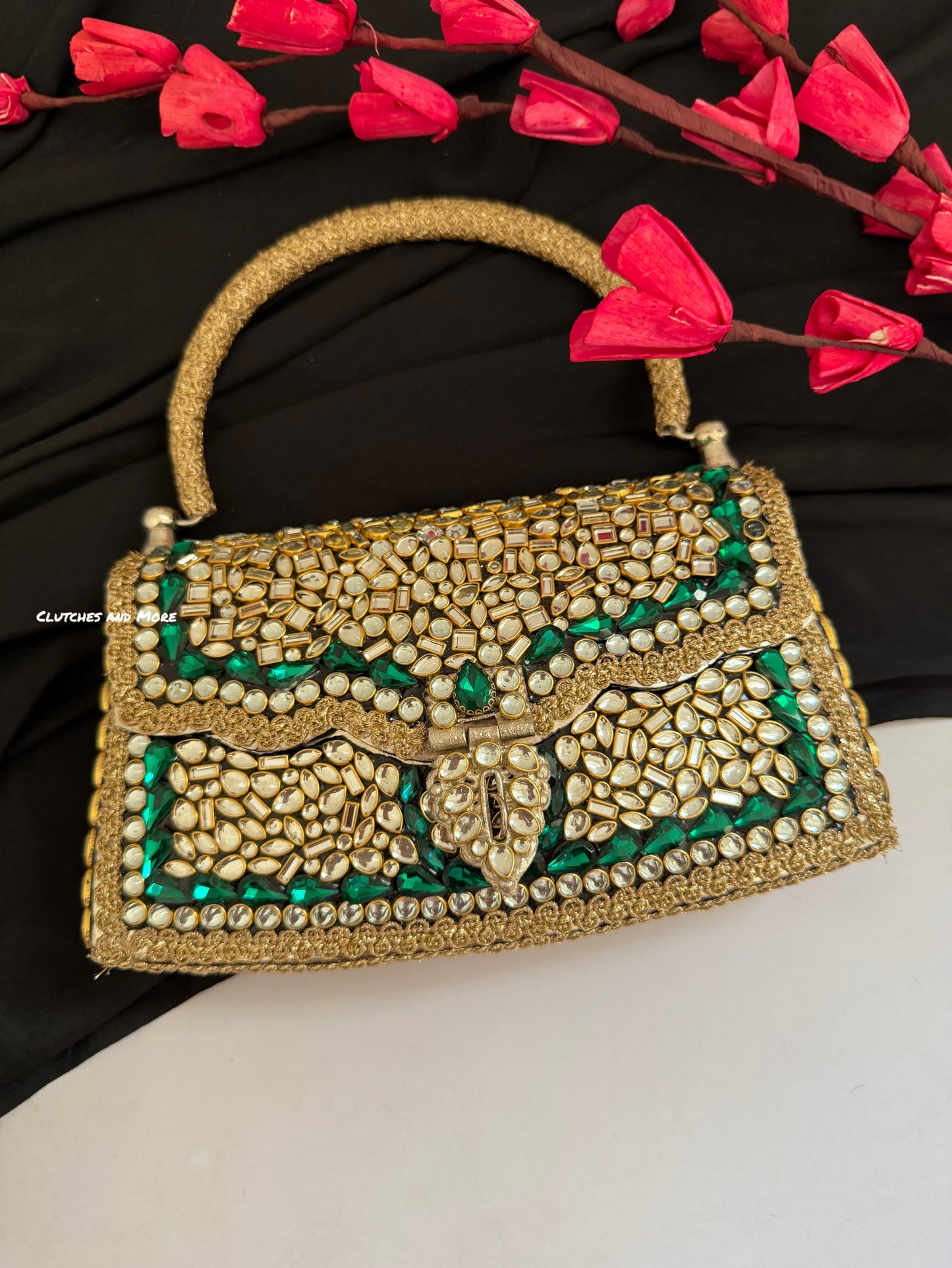 Mehnaaz Kundan Brass Clutch Green Gold