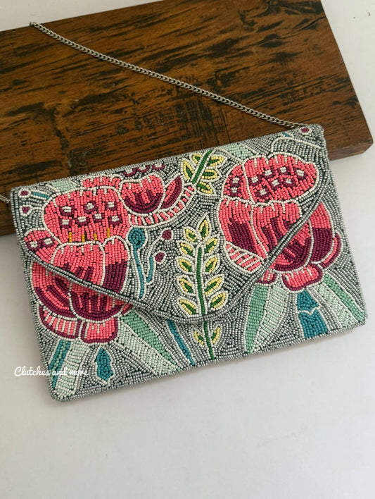 Grey Pink Floral  Envelope Bag