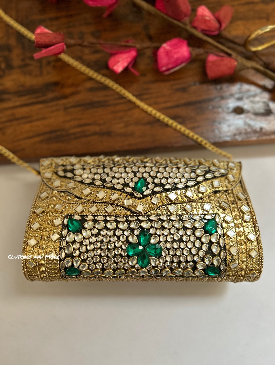 Kasika Kundan Brass Clutch Gold Green