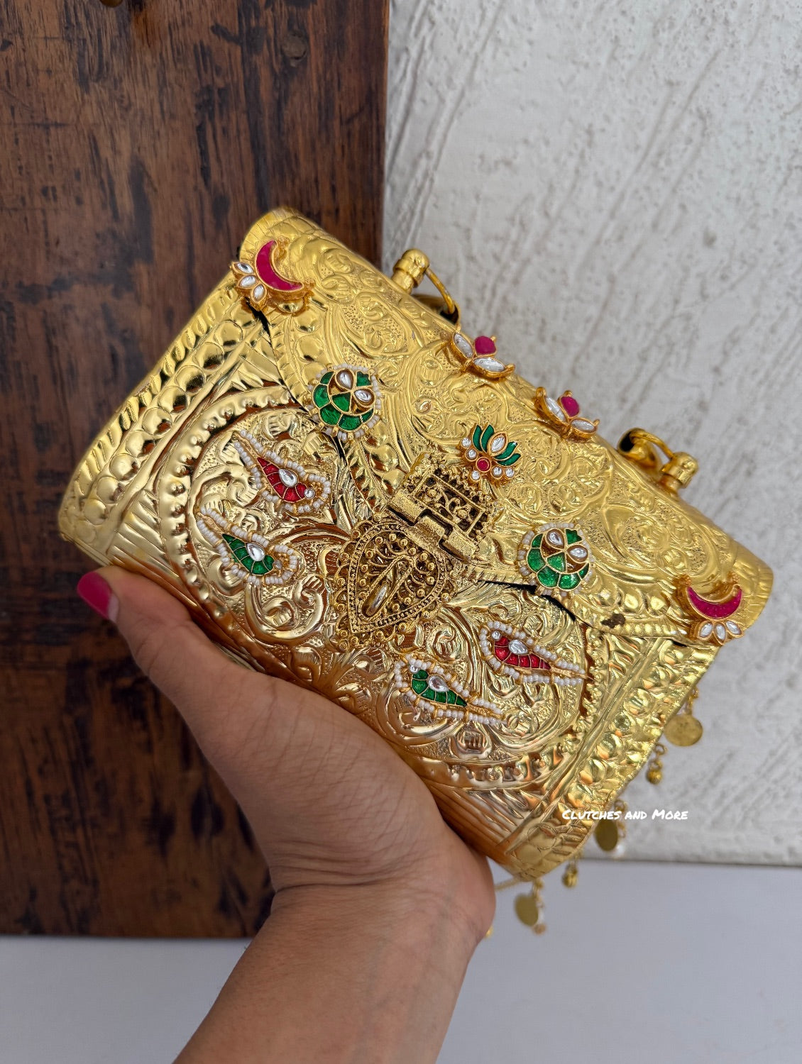 Jharoka Kundan Brass Clutch Gold with Handle