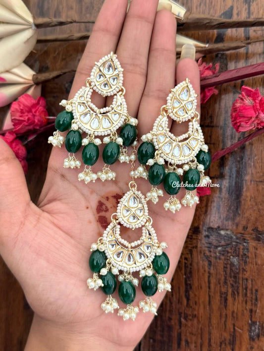 Kundan Chanbali Earrings and Mangtika Set Green