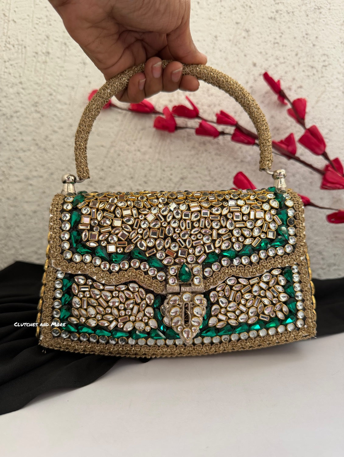 Mehnaaz Kundan Brass Clutch Green Gold