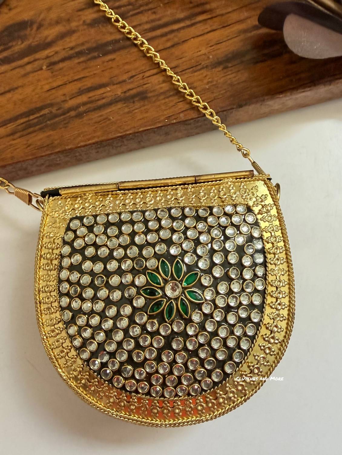 Kasika Kundan Brass Clutch Mini Green