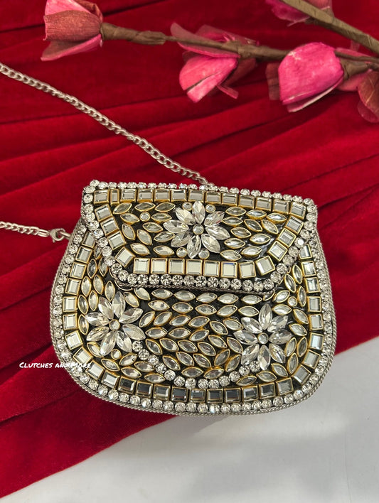 Kasika Kundan Brass Clutch Mini Silver