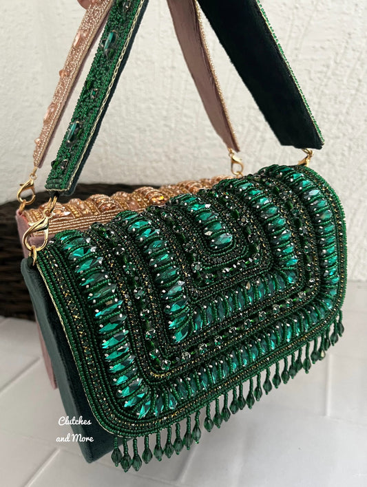 Green Stone and Crystal Flap Bag