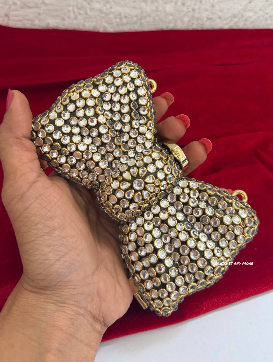 Kiana Kundan Bow Clutch Nude Gold