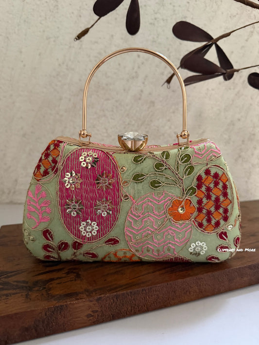 Lakhnawi Chikankari Box Clutch Pastel Green