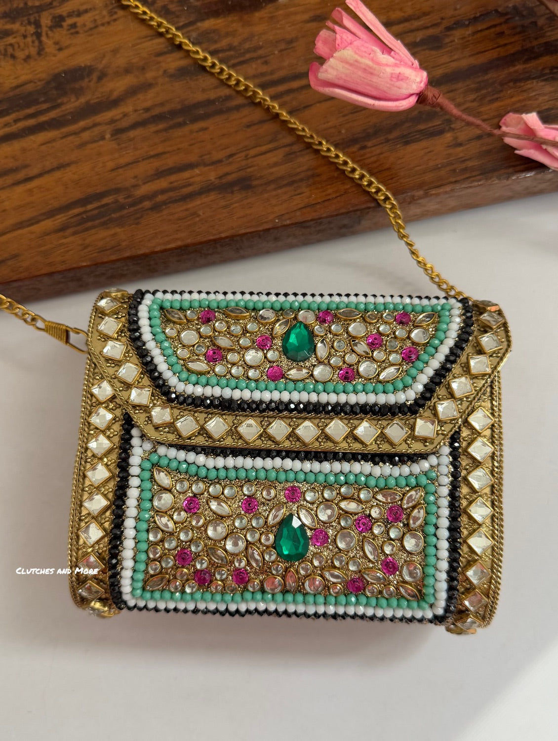 Kasika Kundan Brass Clutch Mini Pink Green