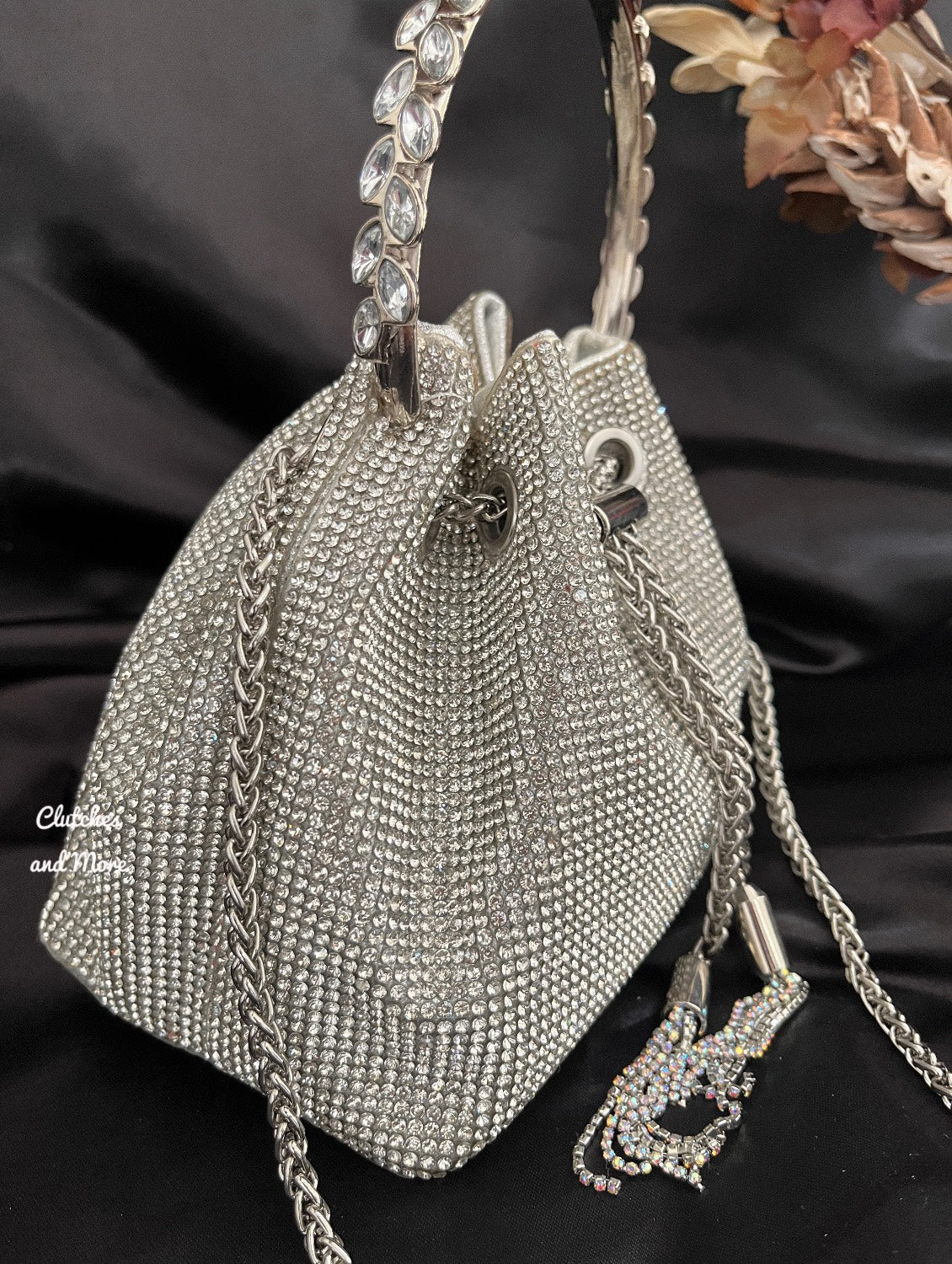 Silver Rhinestone Bucket Bag with Handle