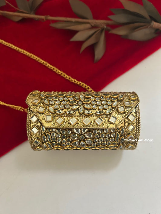 Kasika Kundan Brass Mini Clutch Cylindrical
