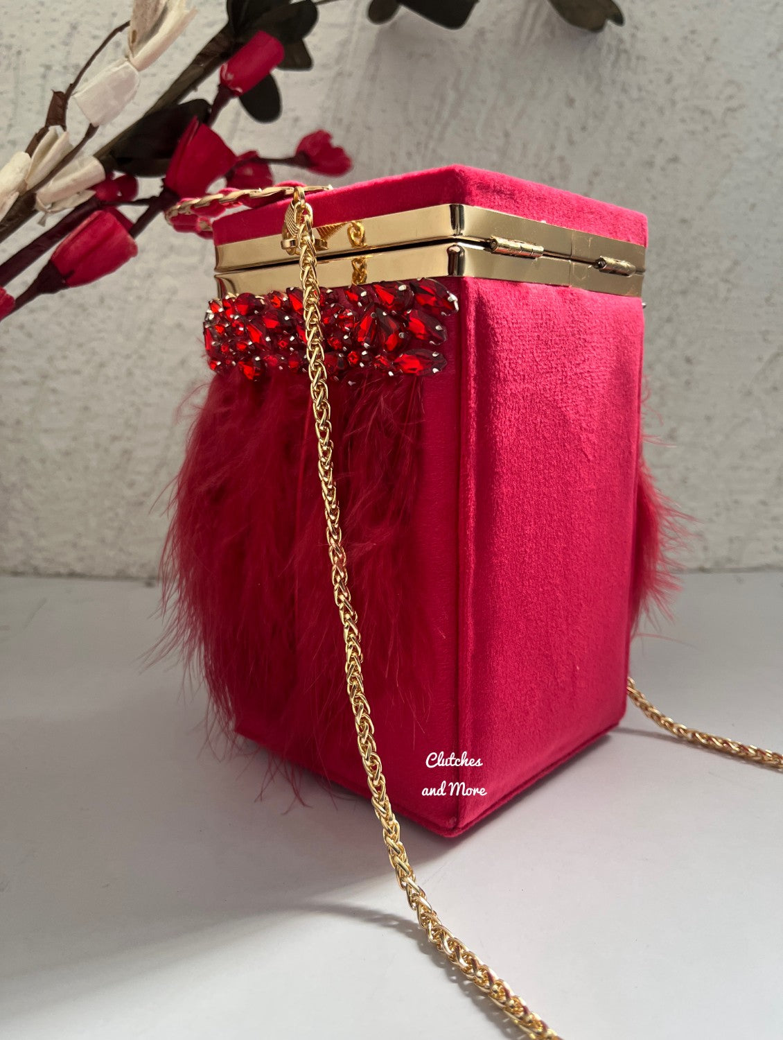 Feather Box Clutch Hot Pink