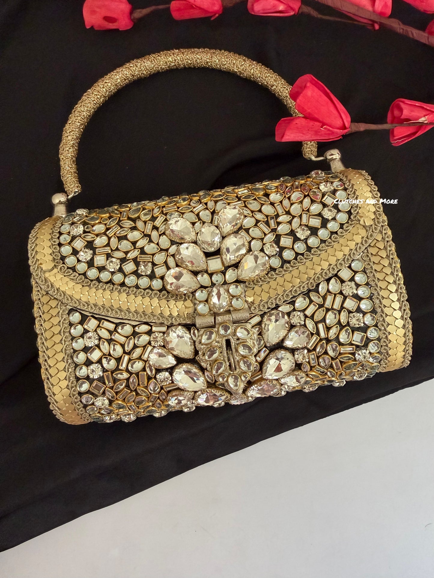 Mehnaaz Kundan Brass Clutch Gold White