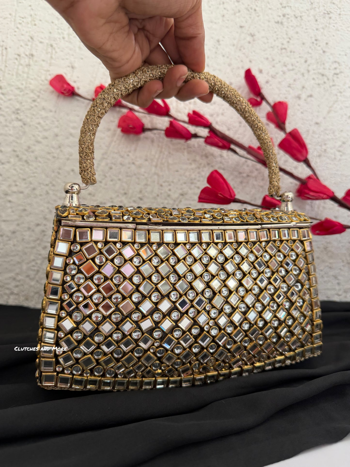 Mehnaaz Kundan Brass Clutch Green Gold