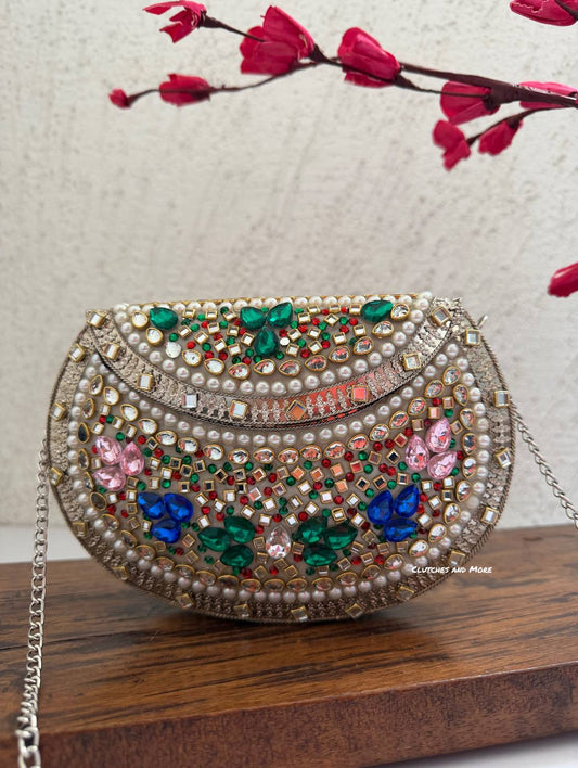 Kasika Kundan Brass Clutch Multicolored