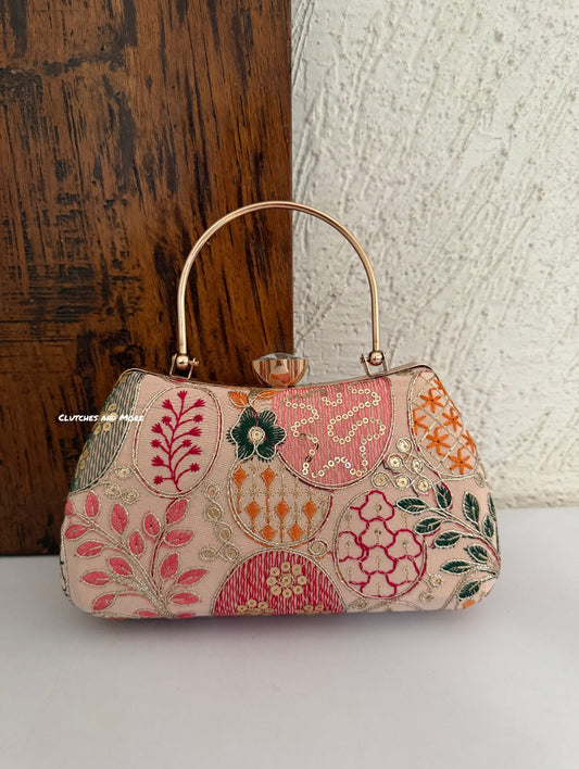 Lakhnawi Chikankari Box Clutch Peach