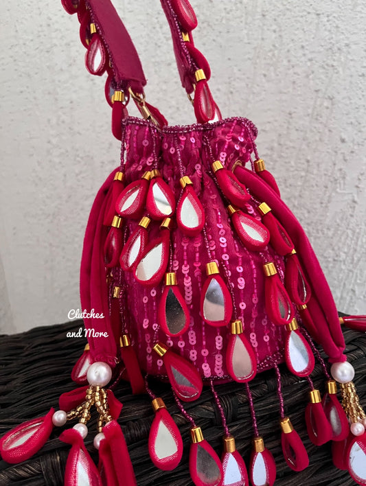 Mirror Tassel Potli Pink