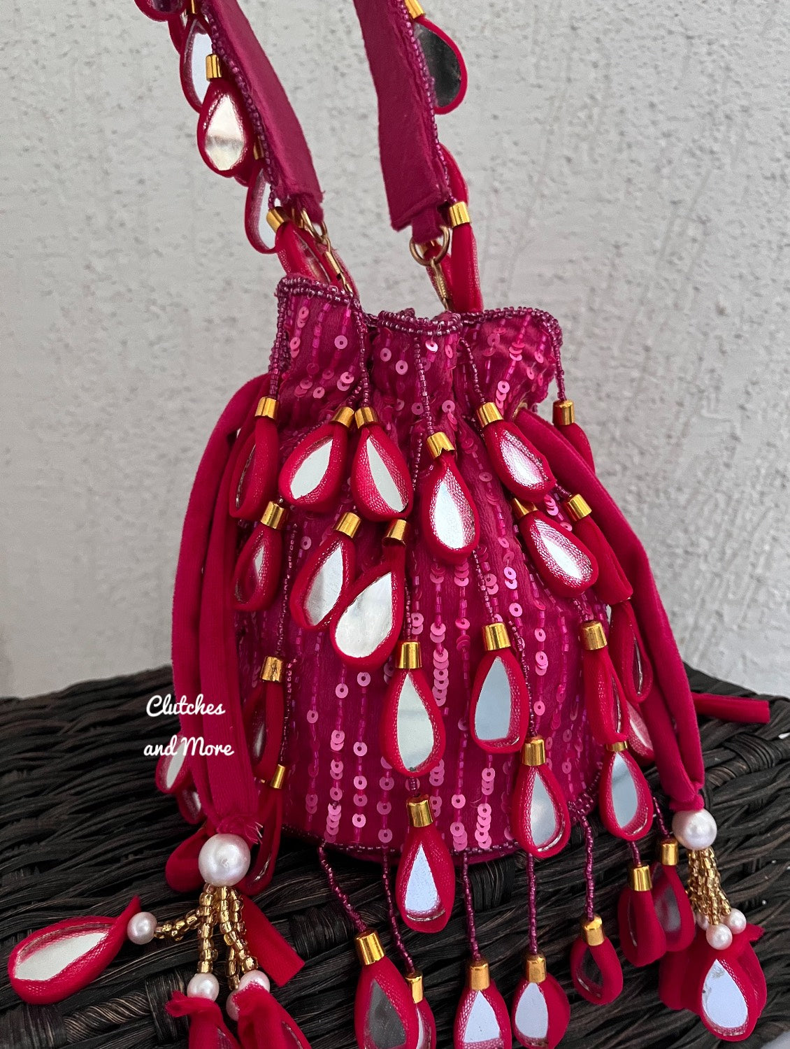 Mirror Tassel Potli Pink