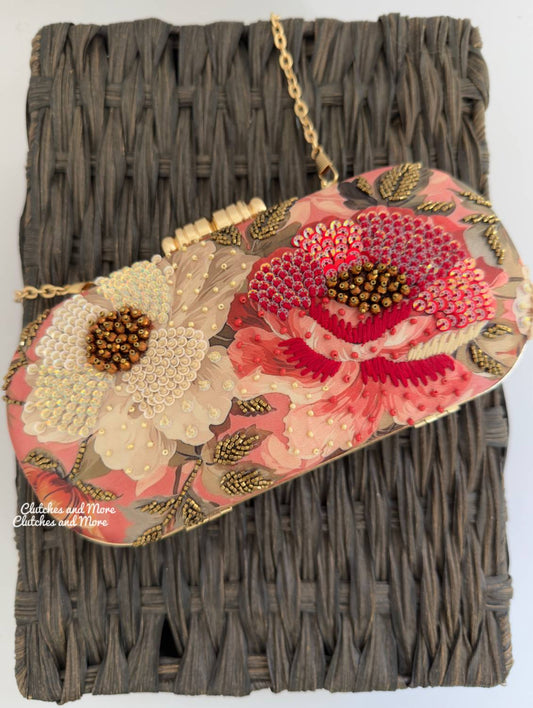 Poppy Floral Capsule Clutch Peach Base